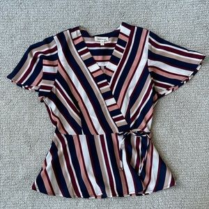 Faux Wrap Tie Waist Striped Top